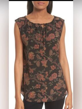 Theory Black Floral Alamay Morris Style Tie-Neck Sleeveless Top 100%Silk Size L